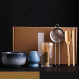 Matcha gift set with kiln glaze blue bowl and blue whisk holder